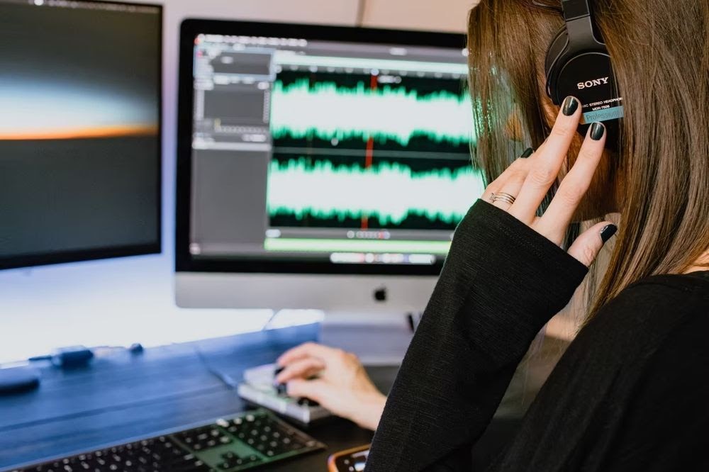 girl on headphones editing