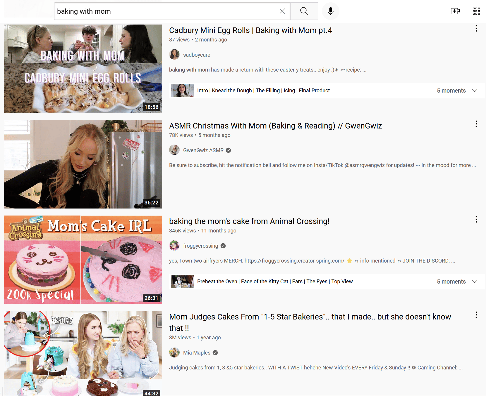 YouTube seach results for "baking with mom"