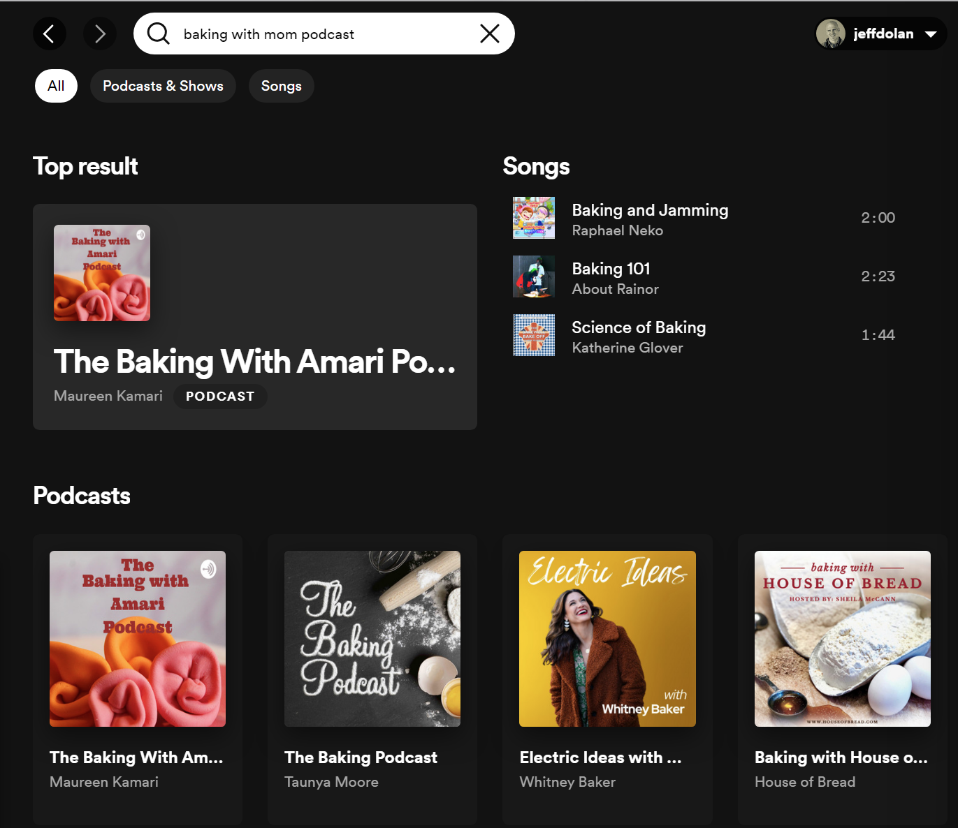 Spotify seach results for "baking with mom podcast"