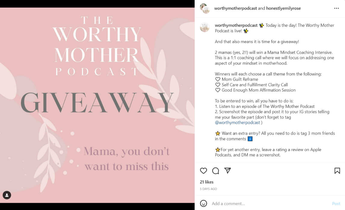 The Worthy Mother Podcast example around a giveaway