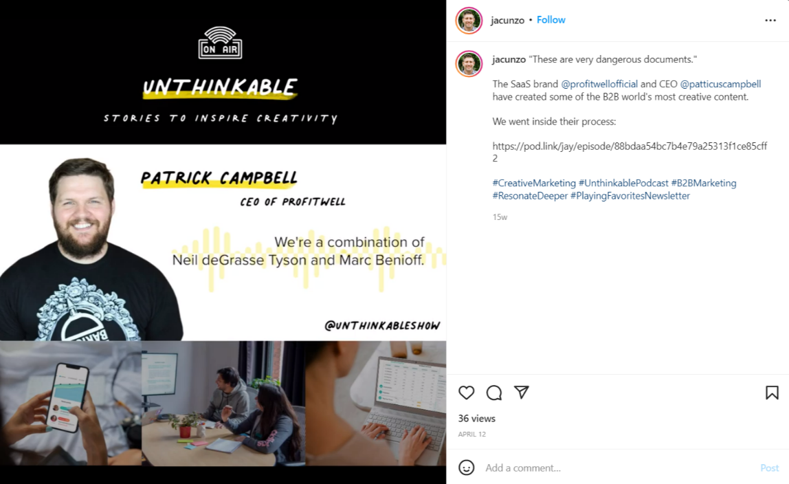 Unthinkable podcast strategy example on Instagram