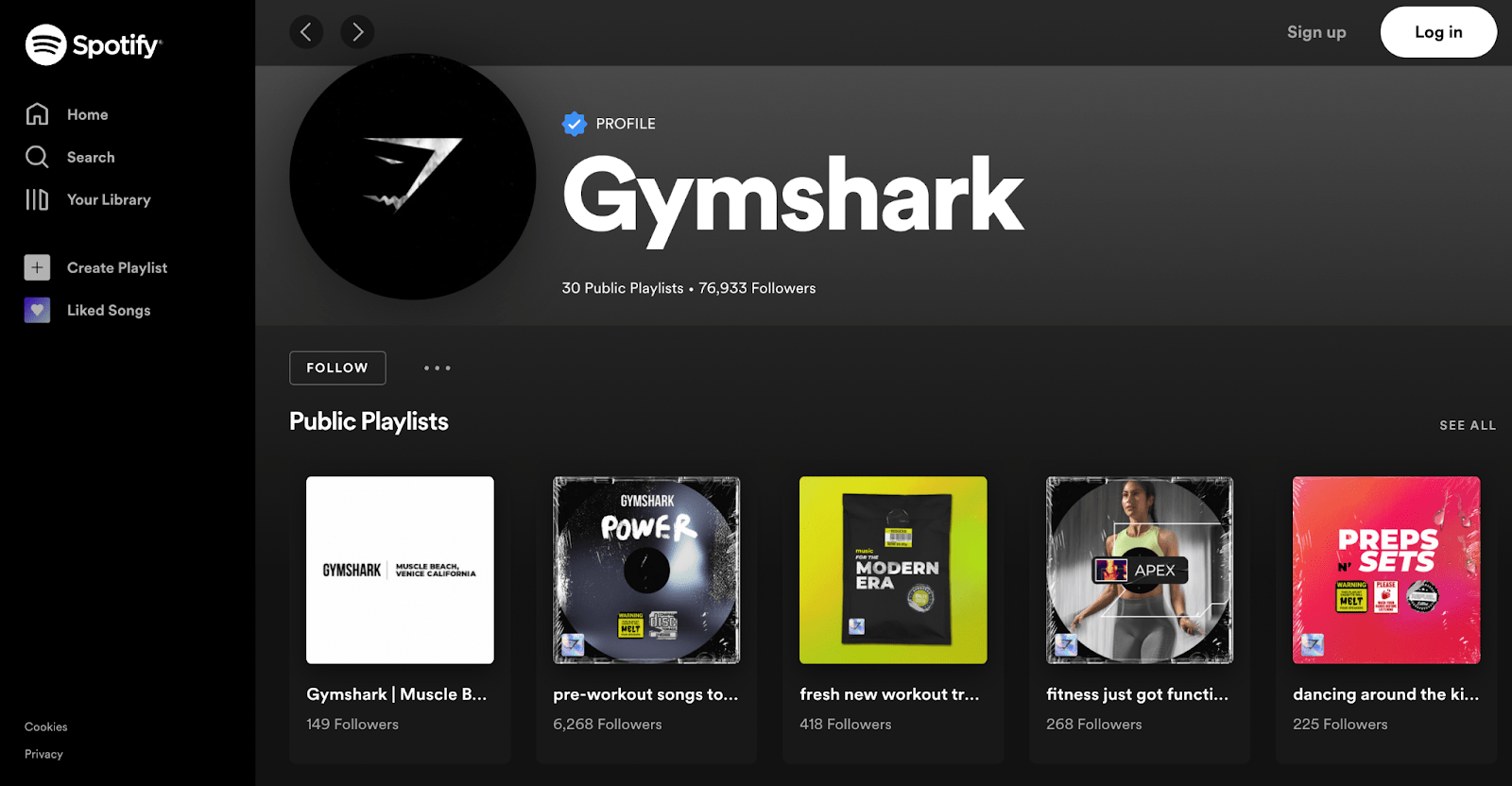 Gymshark's Spotify playlist library as their audio marketing tactic