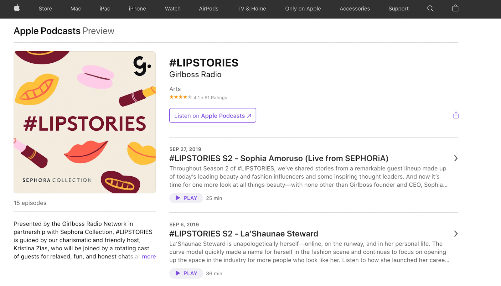 Sephora's #LIPSTORIES audio series on Apple Podcasts