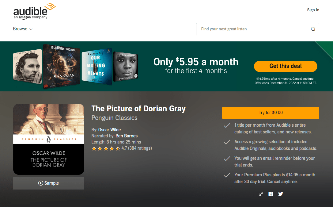 The Picture of Dorian Gray audiobook available on Audible