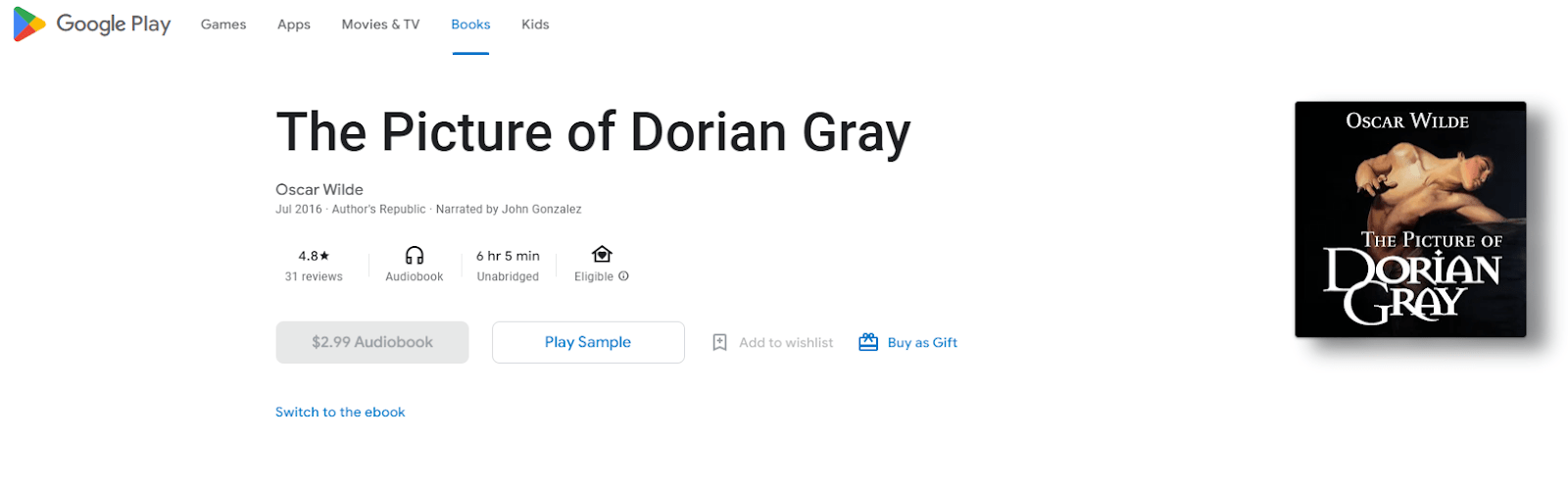 The Picture of Dorian Gray audiobook on available on Google Play Books