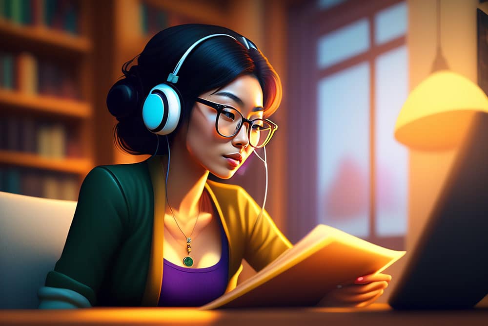 woman listening to podcast